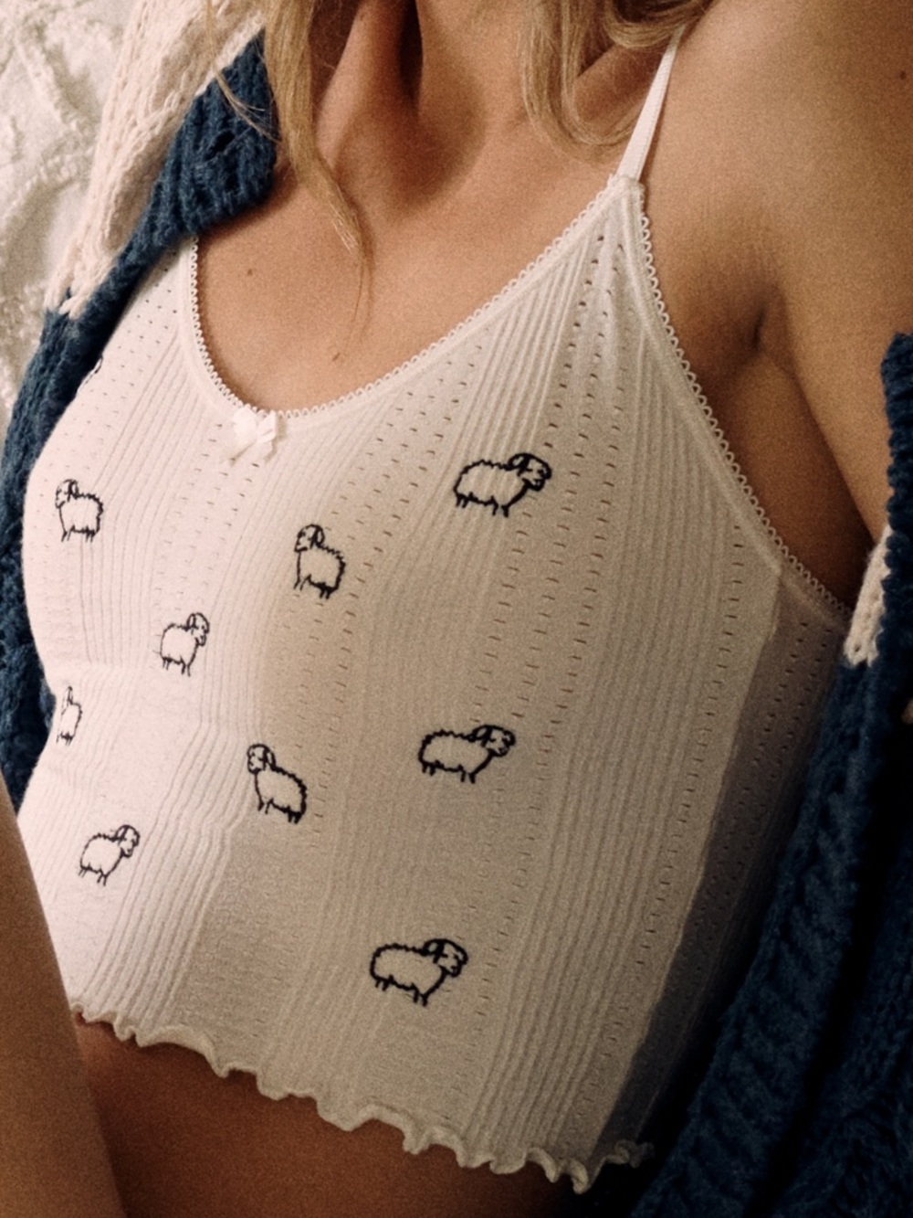 LyreBird Camisole Womens S/M White Sheep Embroidered Knit Adjustable Strap Tank